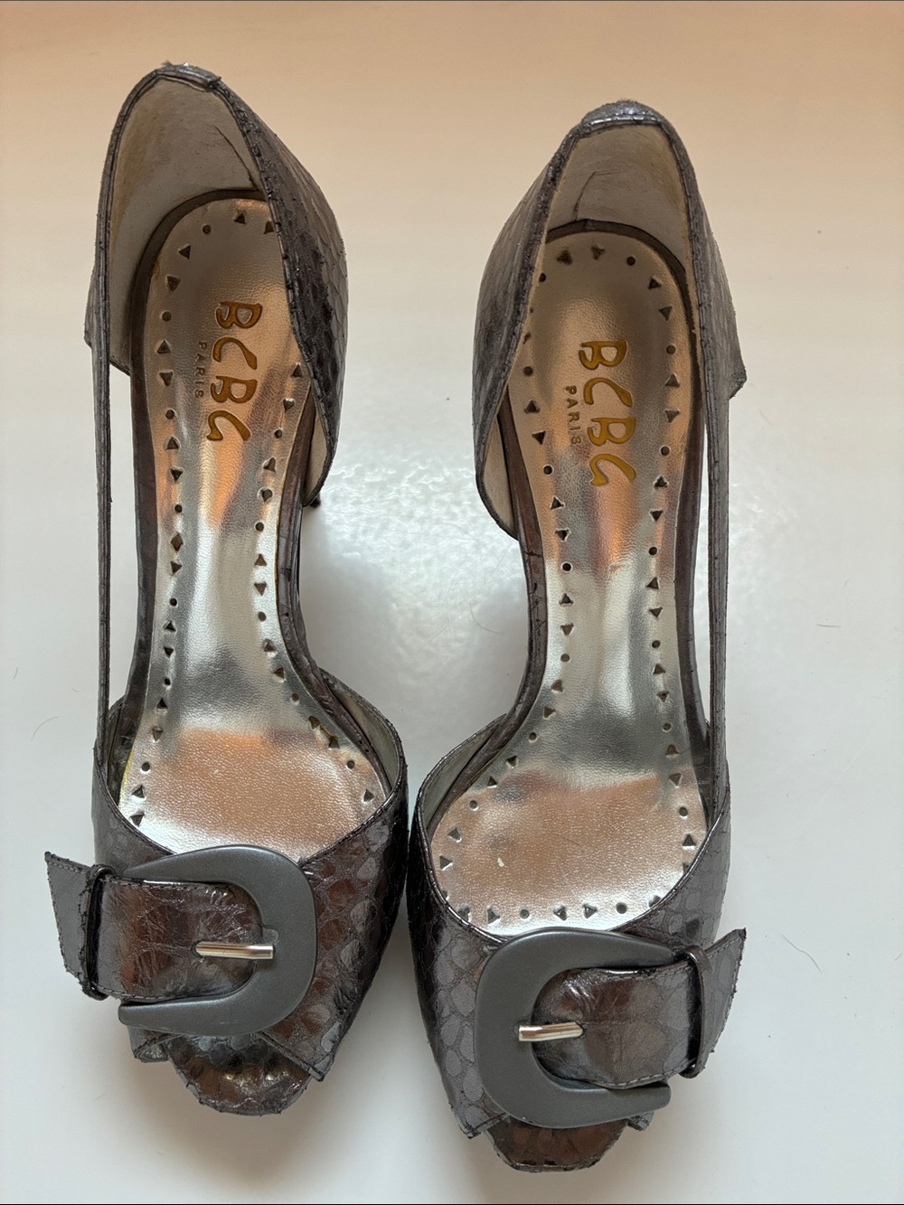 BCBG Brown Textured Peep-Toe Pumps with Buckle